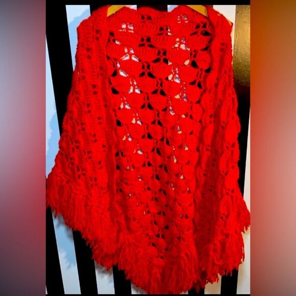 Orange Red Crochet Knit Fringe Shawl Sweater Blanket Wrap Cape One Size - Picture 2 of 7